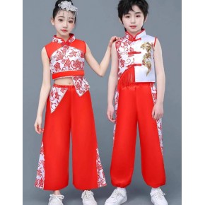 Girls boys kids chinese dragon folk dance costumes drummer traditional yangge lion dragon festival performance dance wear for kids 
